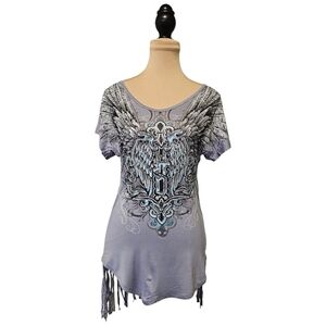 Harley-Davidson Fluer De Lis Crystal Embellished Fringe Tee-Shirt sz S